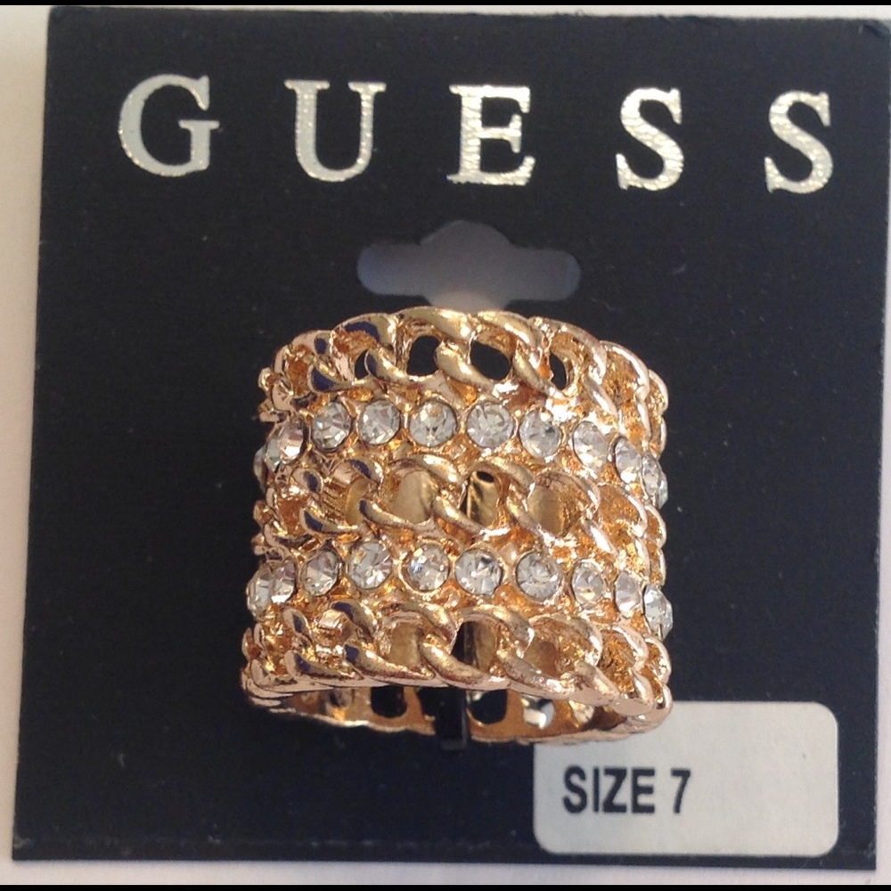 New Guess gold metal rhinestones band ring, size 7